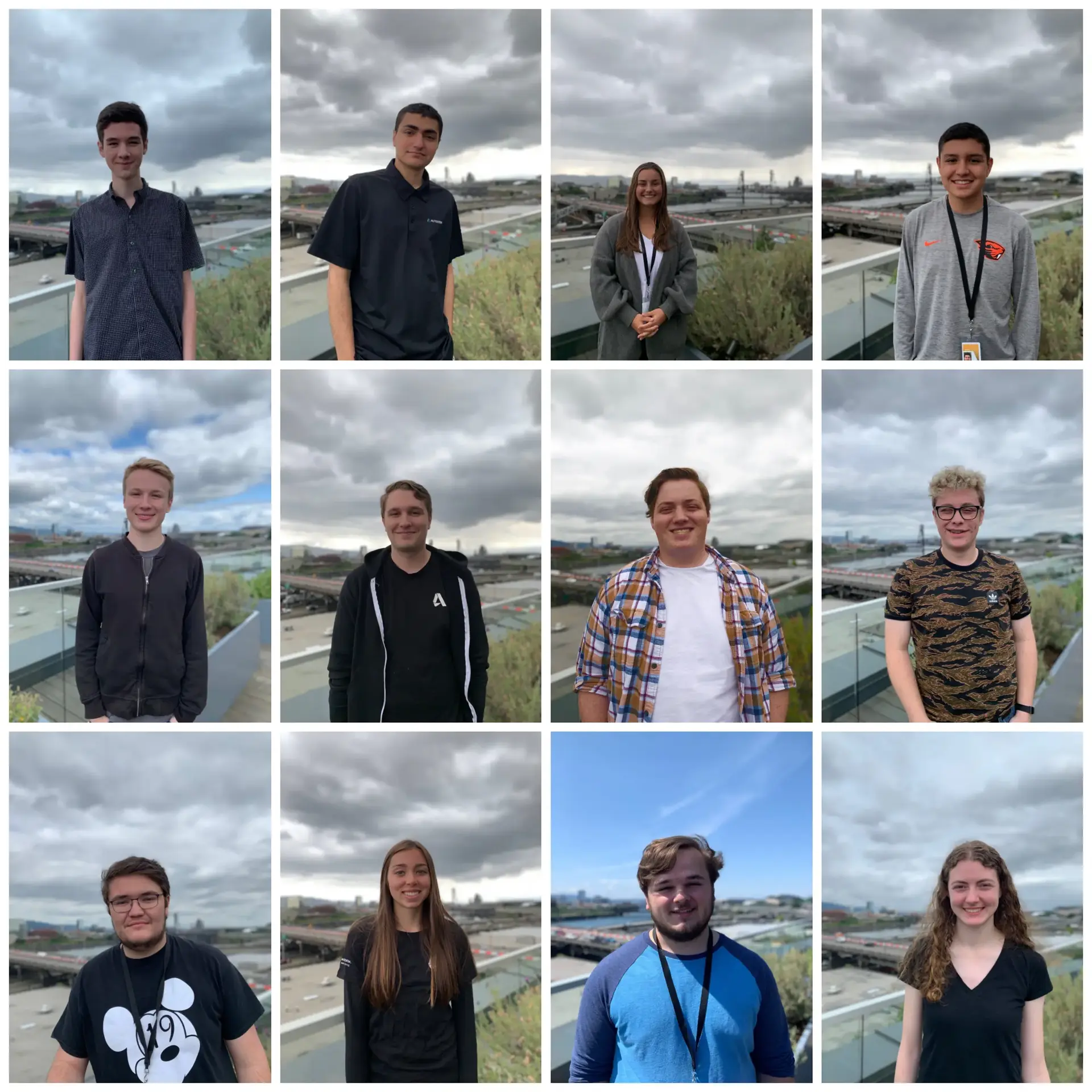 A 4x4 grid of pictures of people, each photo is on top of a building with downtown Portland in the background