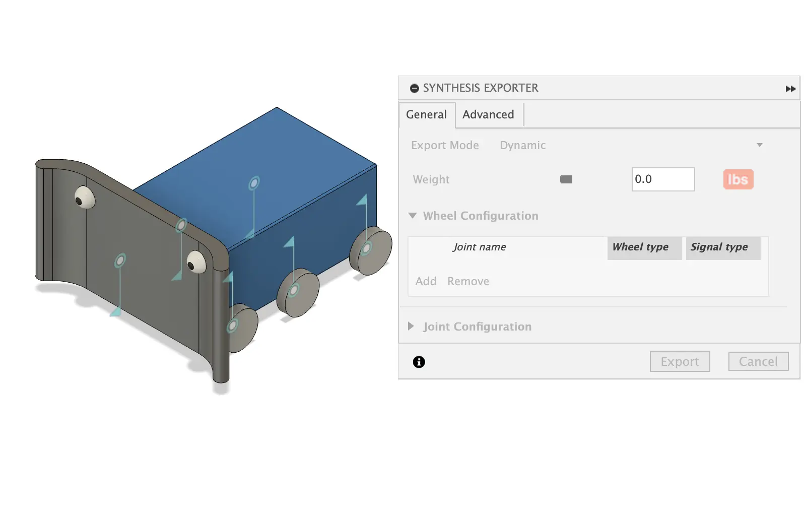 A screenshot of the Synthesis Exporter add-in for Autodesk Fusion