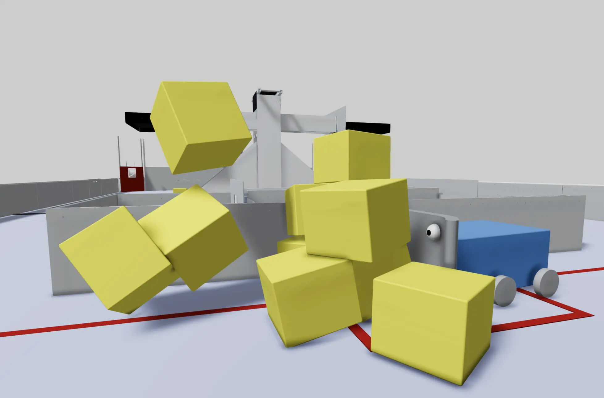 A screenshot from Autodesk Synthesis with a robot pushing a pile of cubes on the FRC 2018 field