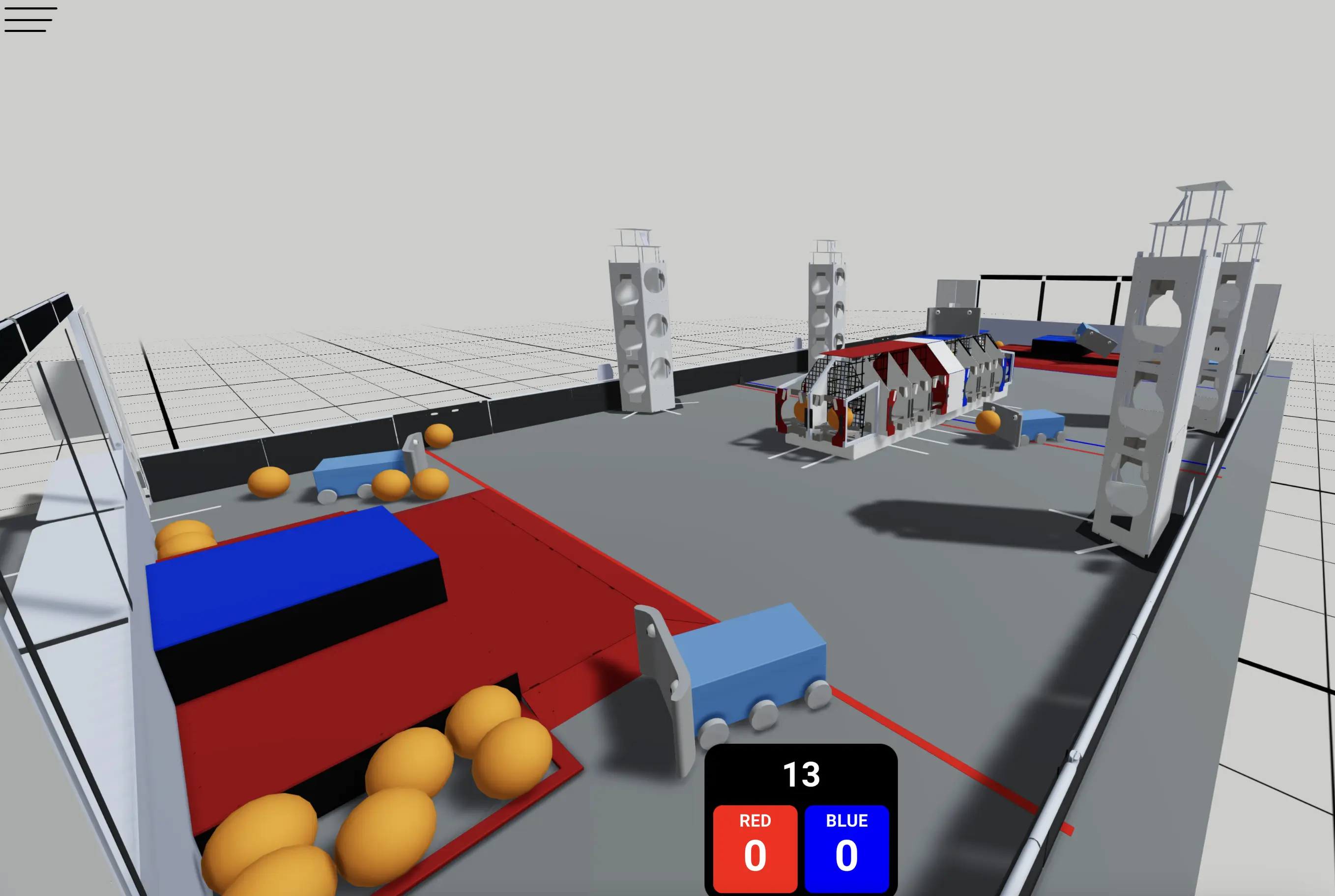 A screenshot of Autodesk Synthesis with multiple robots active on the FRC 2019 field